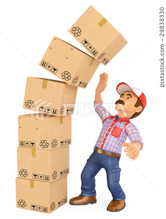 3D Delivery man with pile of boxes falling on top 3D Delivery man with pile of boxes falling on top 29838330