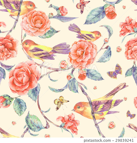 Watercolor seamless pattern with pair of birds anf - Stock Illustration ...