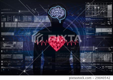 Silhouette of human body with technology line and dot of polygonal shape brain and heart over the Technology connection with digital virtual screen background, Science healthy and physician concept Silhouette of human body with technology line and dot of polygonal shape brain and heart over the Technology connection with digital virtual screen background, Science healthy and physician concept 29840542