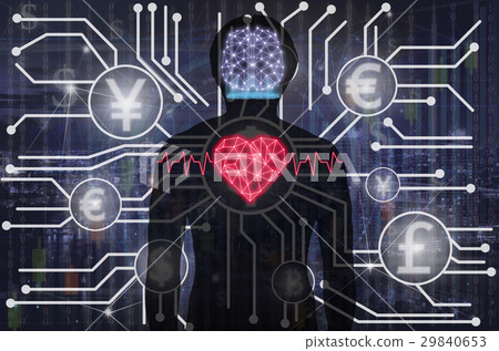 Silhouette of human body with technology line and dot of polygonal shape brain and heart over Abstract photo of FINTECH connection on dark blur background, Science healthy and physician concept Silhouette of human body with technology line and dot of polygonal shape brain and heart over Abstract photo of FINTECH connection on dark blur background, Science healthy and physician concept 29840653