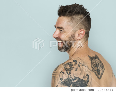 Caucasian Man Back Tattoo Smiling Caucasian Man Back Tattoo Smiling 29845845