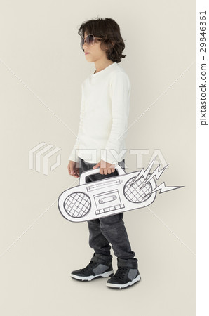 Caucasian Little Boy Holding Fake Jukebox Caucasian Little Boy Holding Fake Jukebox 29846361