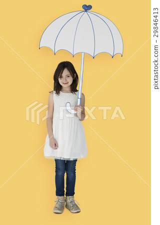 Portrait of a Little Caucasian Girl Smiling with an Umbrella Isolated 29846413
