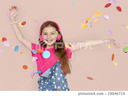 Little Girl Listening Music Headphones Studio Portrait Little Girl Listening Music Headphones Studio Portrait 29846719