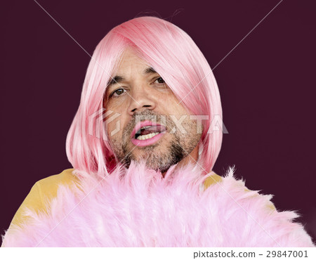 A Man With Pink Wig and Pink Lipstick Staring 29847001