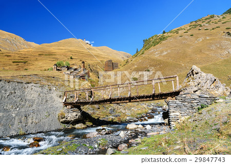 Old village Dartlo on river in Tusheti. Georgia Old village Dartlo on river in Tusheti. Georgia 29847743