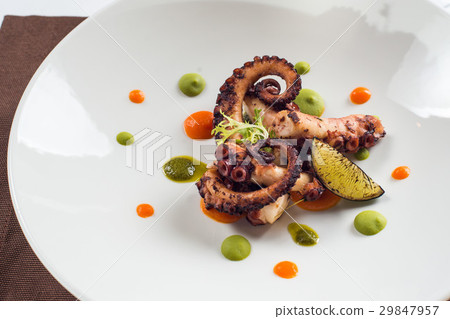 close up of cooked octopus on a white plate close up of cooked octopus on a white plate 29847957