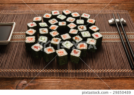 Tasty japanese sushi. Set of maki rolls, closeup. 29850489