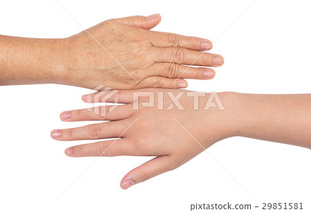 Teenage hand and elderly  hand isolate on white 29851581