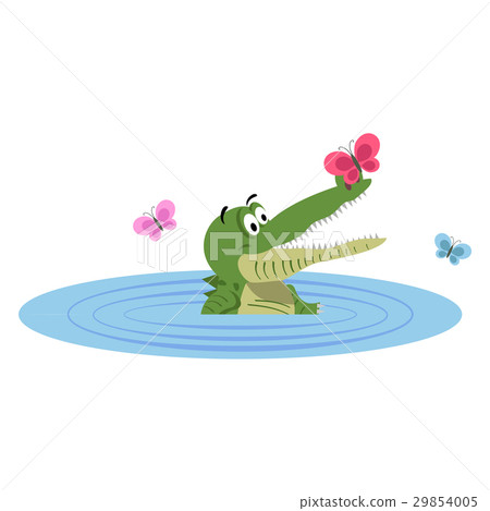 Cartoon Crocodile Swimming in Lake with Butterfly Cartoon Crocodile Swimming in Lake with Butterfly 29854005
