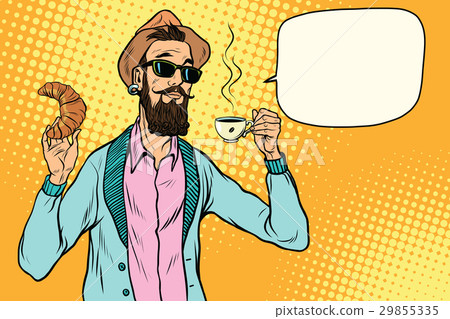 Hipster with coffee and croissant Hipster with coffee and croissant 29855335