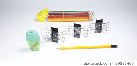 Blinder clips,pencils,sharpener white background 29855466