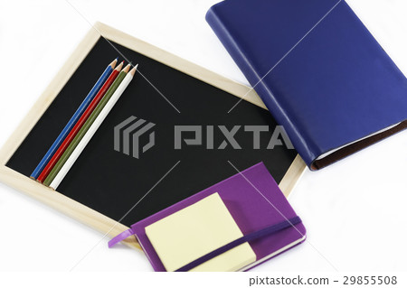 Black board, color pencils, notebooks white backgr 29855508