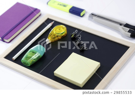 Black board, color pencils, notebooks white backgr Black board, color pencils, notebooks white backgr 29855533