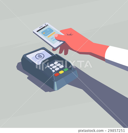 Female hand holding mobile phone. NFC technology. 29857251