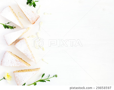 Six pieces of lemon pie decorated with flower  29858597