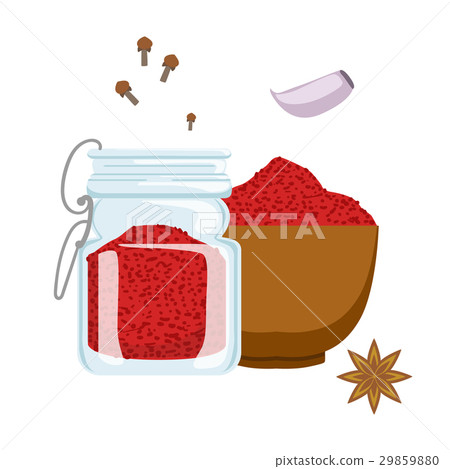 Red paprika powder in wooden bowl and glass jar Red paprika powder in wooden bowl and glass jar 29859880