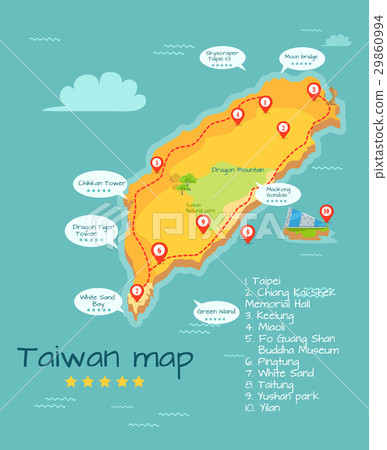 Cartoon Taiwan Map with Famous Places Illustration Cartoon Taiwan Map with Famous Places Illustration 29860994