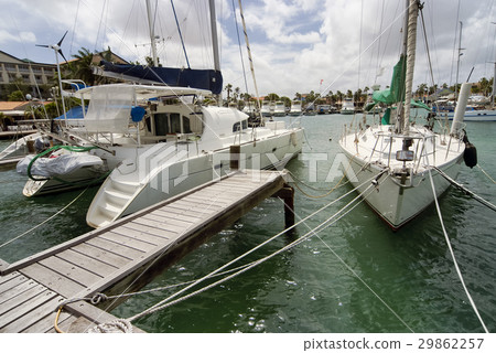Catamaran and a sailboat moored, Aruba 29862257