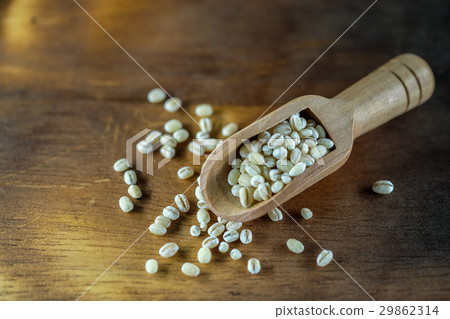 Barley in wood spoon on wood floor with burns. 29862314
