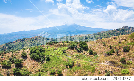 view of Etna mount and green mountain slope 29863777