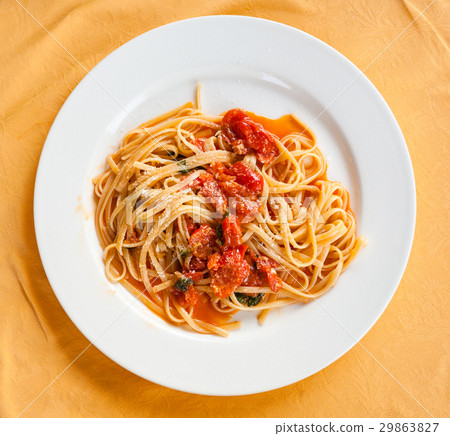 top view of spaghetti with tomato sauce in Sicily top view of spaghetti with tomato sauce in Sicily 29863827