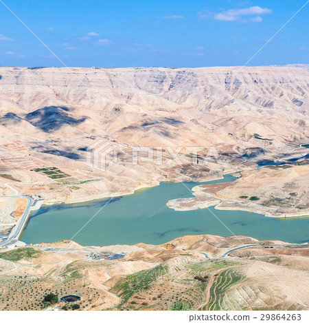 above view of Wadi Mujib river and Al Mujib dam 29864263