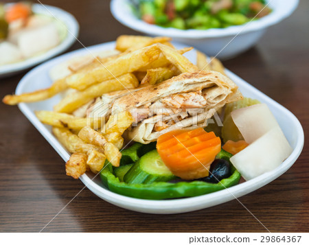 fast food Shawarma with chicken meat on plate fast food Shawarma with chicken meat on plate 29864367