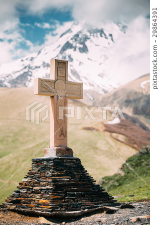 Cross On A Pyramid Of Stones On Kazbek Mount Cross On A Pyramid Of Stones On Kazbek Mount 29864391