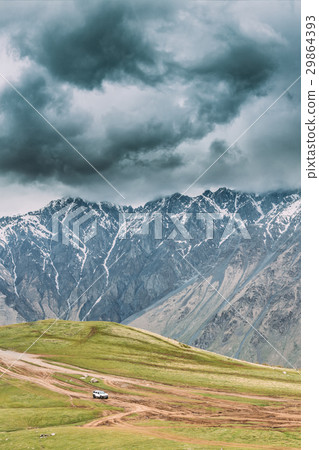 SUV Car On Off Road In Spring Mountains Landscape 29864393