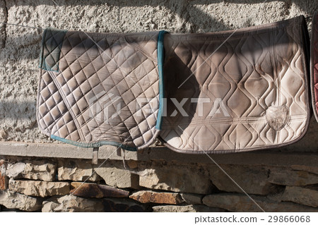 Two horse blankets hanging on clothesline Two horse blankets hanging on clothesline 29866068