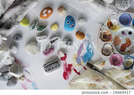 Painting Palette Pebbles Brushes White Table Painting Palette Pebbles Brushes White Table 29868417