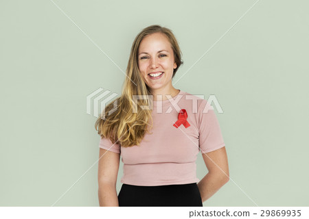 Woman Smiling Happiness Red Ribbon Charity Donation Woman Smiling Happiness Red Ribbon Charity Donation 29869935