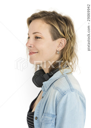 Caucasian Lady Listening Music Headphones Caucasian Lady Listening Music Headphones 29869942