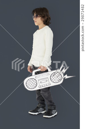 Caucasian Little Boy Holding Fake Jukebox Caucasian Little Boy Holding Fake Jukebox 29871482