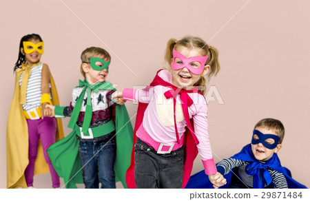 Little Kids Dressing Superhero Hold Hands Little Kids Dressing Superhero Hold Hands 29871484