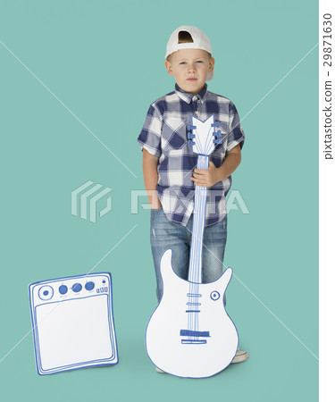 Portrait of a Little Blond Caucasian Boy with Guitar Isolated Portrait of a Little Blond Caucasian Boy with Guitar Isolated 29871630