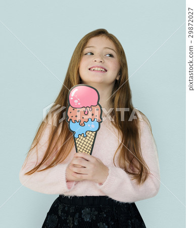 Little Girl Smiling Happiness Paper Craft Arts Ice Cream Studio Portrait Little Girl Smiling Happiness Paper Craft Arts Ice Cream Studio Portrait 29872027