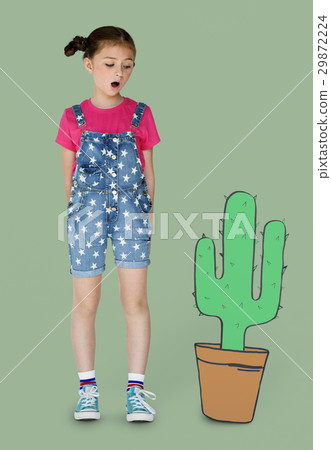 Little Girl Looking Papercraft Cactus 29872224