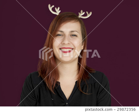Caucasian Woman Reindeer Headband Smile Caucasian Woman Reindeer Headband Smile 29872356