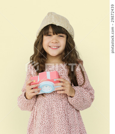 Little Girl Smiling Happiness Paper Craft Arts Camera Photographing Studio Portrait Little Girl Smiling Happiness Paper Craft Arts Camera Photographing Studio Portrait 29872439