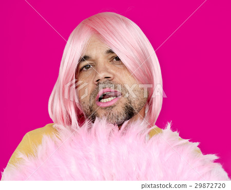 A Man With Pink Wig and Pink Lipstick Staring 29872720