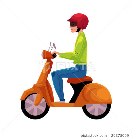 Scooter, moped, motor bicycle rider wearing helmet 29878099