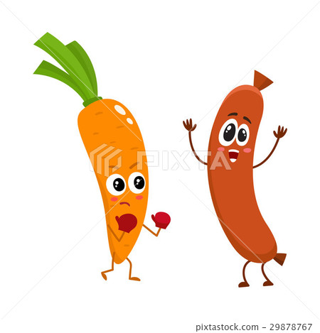 Funny food characters, carrot versus sausage Funny food characters, carrot versus sausage 29878767