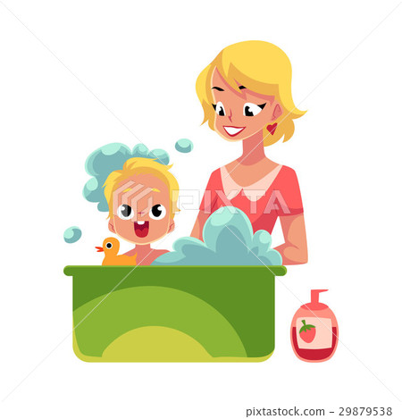 Young mother washing her baby in bathtub full of 29879538