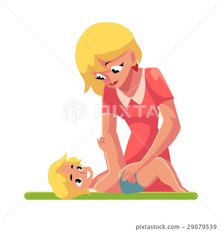 Young mother changing her baby's diaper, nappy Young mother changing her baby's diaper, nappy 29879539
