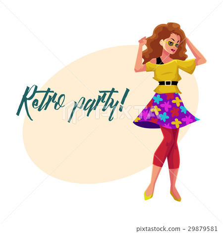 Retro disco party invitation, poster with woman in Retro disco party invitation, poster with woman in 29879581