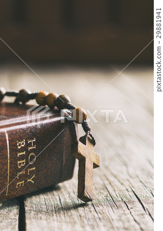 Rosary beads and holy bible. 29881941