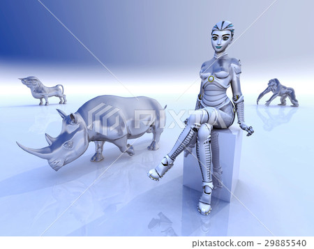 Female robot and sculptures of wild animals 29885540