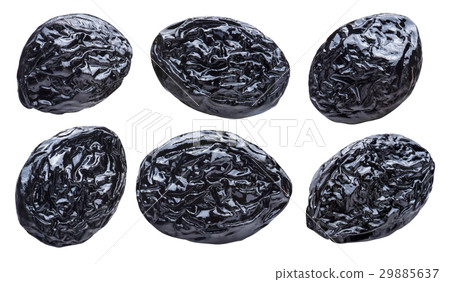Dry plums prunes set isolated on white background Dry plums prunes set isolated on white background 29885637